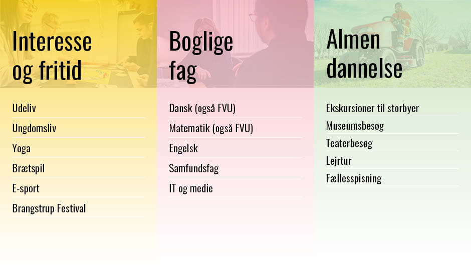 Oversigt over fag. Interesse  og fritid: Udeliv Ungdomsliv Yoga  Brætspil E-sport Brangstrup Festival. Boglige fag: Dansk (også FVU) Matematik (også FVU) Engelsk Samfundsfag IT og medie. Almen  dannelse: Ekskursioner til storbyer Museumsbesøg Teaterbesøg Lejrtur Fællesspisning.