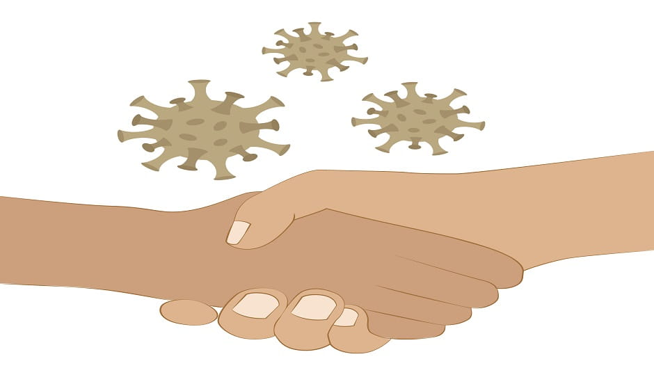 To der giver hånd omringet af bakterier