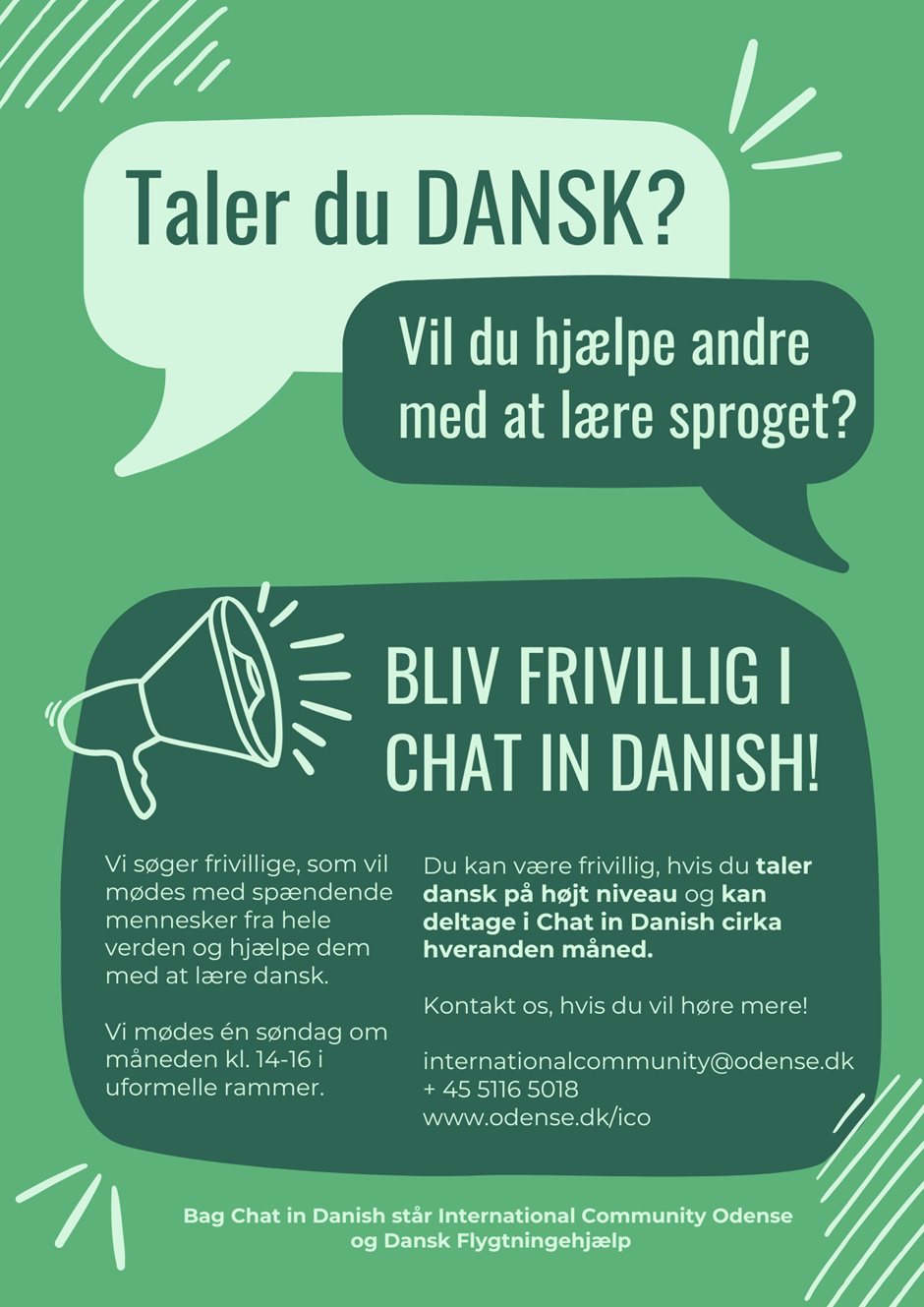 Recruitment poster for Danish speaking volunteers to join Chat in Danish