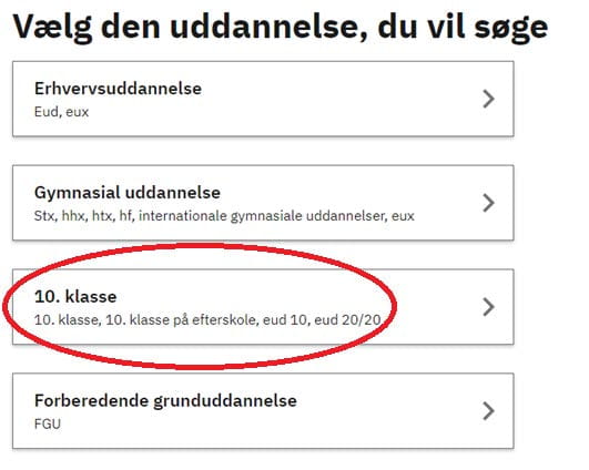 Billeder der viser at man skal vælge "10. klasse"