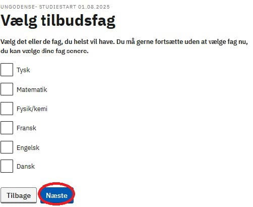 Billedet viser en oversigt over tilbudsfag, men du skal ikke vælge nogen her. Du skal bare klikke på "næste".