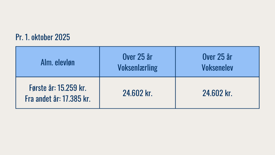 Elevløn SSA 1. år: 15.259 kr, 2. år 17.385 kr., voksenelev og voksenlærling 24.602 kr.